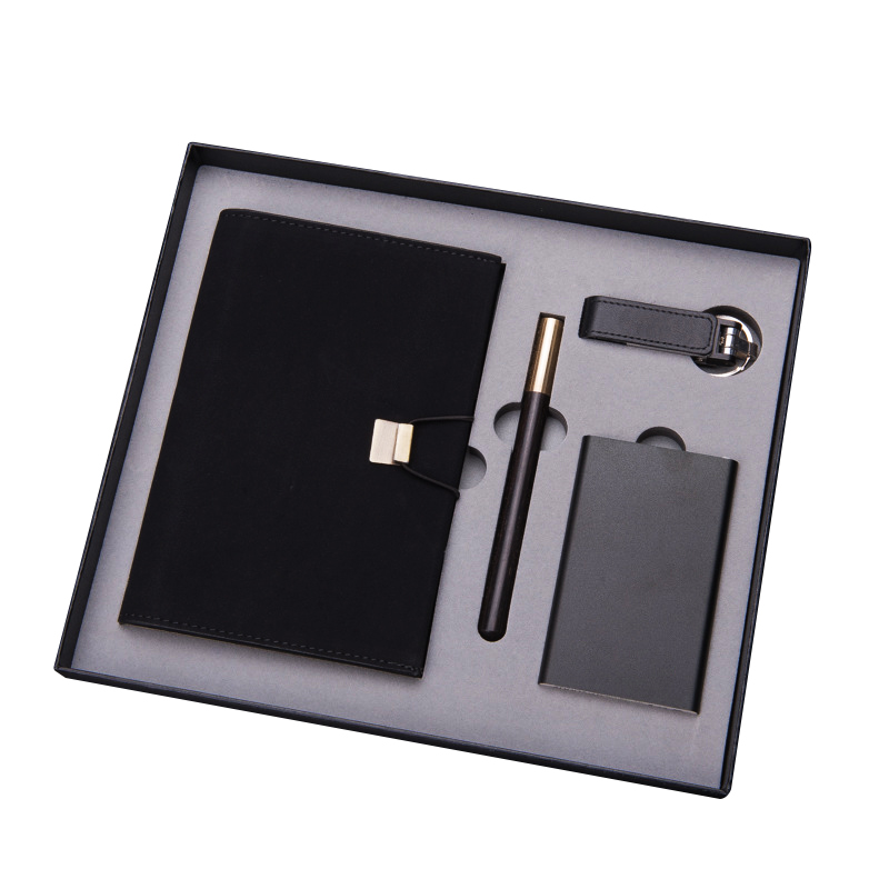 Hardcover notebook set with pen, keychain and power bank